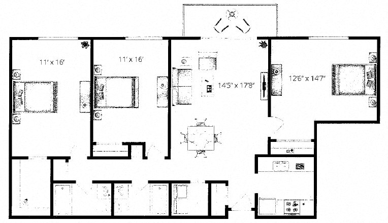 Floor plan for 3 beds, 2 baths, 1177 sqft